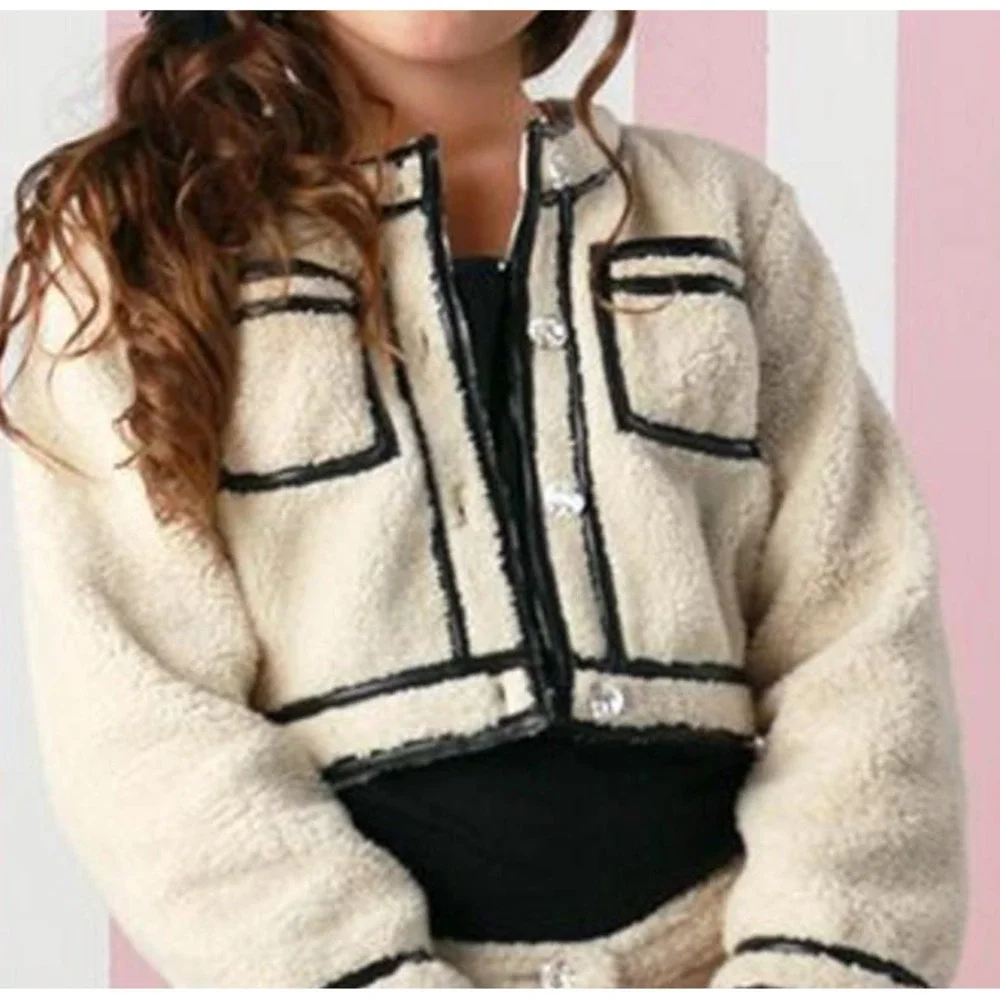 Ooh!La,La!‎ Couture black faux leather trim cardigan Teddy fleece girl Sz 12